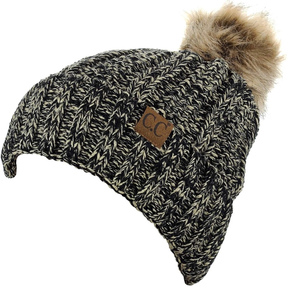 5/$20 C.C Thick Cable Knit Faux Fuzzy Fur Pom Fleece Lined Skull Cap Cuff Beanie